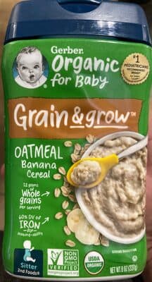 GERBER ORGANIC FOR BABY GRAIN AND GROW 2nd Foods Oatmeal Banana Cereal 8oz Canister