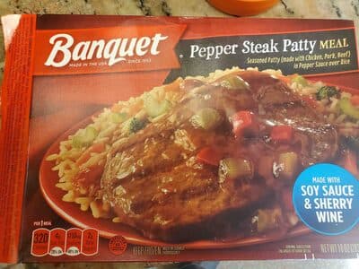 Banquet Pepper Steak Patty Over Rice, Frozen Meal, 10 oz.