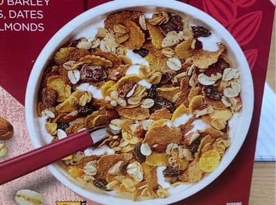 MUESLI CEREAL BLEND OF CORN FLAKES, WHEAT BRAN FLAKES, RAISINS, SWEETENED ROLLED OATS, ROLLED BARLEY FLAKES, DATES AND ALMONDS, MUESLI