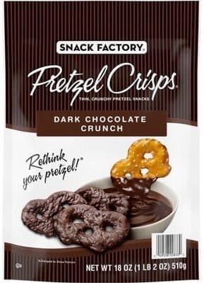 DARK CHOCOLATE CRUNCH THIN, CRUNCHY PRETZEL SNACKS, DARK CHOCOLATE CRUNCH