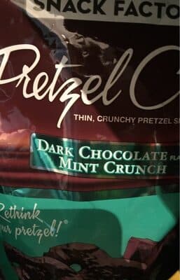 THIN, CRUNCHY PRETZEL SNACKS, DARK CHOCOLATE MINT CRUNCH