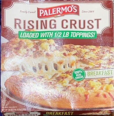 BREAKFAST EGGS, BREAKFAST SAUSAGE, BACON, MOZZARELLA, CHEDDAR CHEESE SAUCE RISING CRUST PIZZA, BREAKFAST