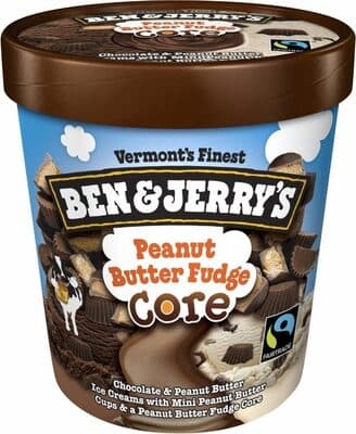 PEANUT BUTTER FUDGE CHOCOLATE & PEANUT BUTTER ICE CREAMS WITH MINI PEANUT BUTTER CUPS & A PEANUT BUTTER FUDGE CORE, PEANUT BUTTER FUDGE