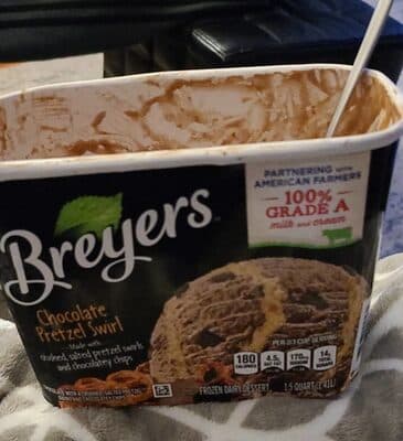 CHOCOLATE PRETZEL SWIRL CHOCOLATE WITH A CRUSHED, SALTED PRETZEL SWIRL AND CHOCOLATEY CHIPS FROZEN DAIRY DESSERT, CHOCOLATE PRETZEL SWIRL