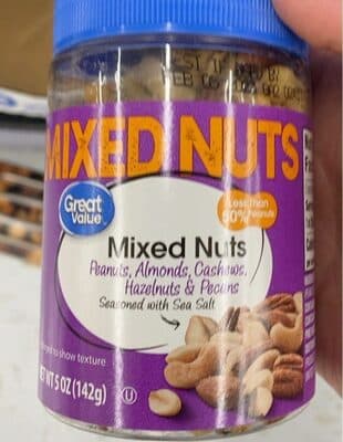 MIXED NUTS PEANUTS, ALMONDS, CASHEWS, HAZELNUTS & PECANS SEASONED WITH SEA SALT, SEA SALT