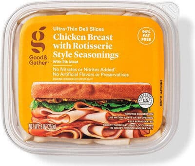 CHICKEN BREAST ULTRA-THIN DELI SLICES WITH ROTISSERIE STYLE SEASONINGS WITH RIB MEAT, ROTISSERIE STYLE SEASONINGS WITH RIB MEAT