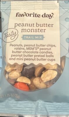 PEANUT BUTTER MONSTER PEANUTS, PEANUT BUTTER CHIPS, RAISINS, M&M'S PEANUT BUTTER CHOCOLATE CANDIES, PEANUT BUTTER PRETZEL BALLS AND MINI PEANUT BUTTER CUPS TRAIL MIX, PEANUT BUTTER MONSTER