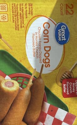 CHICKEN FRANKS DIPPED IN HONEY CRUNCH FLAVORED BATTER CORN DOGS, CHICKEN FRANKS