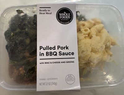 PULLED PORK IN BBQ SAUCE WITH MAC & CHEESE AND GREENS, BBQ SAUCE